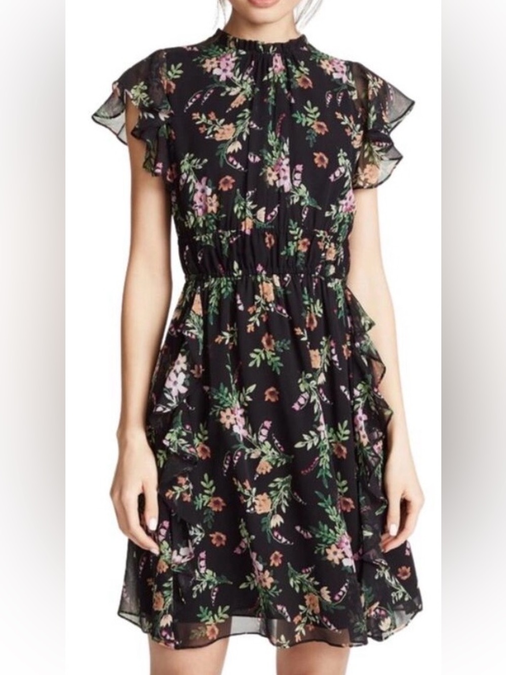 Shoshanna 100% Silk Chiffon Amora Black Floral Ruffle Fit and Flare Dress 6